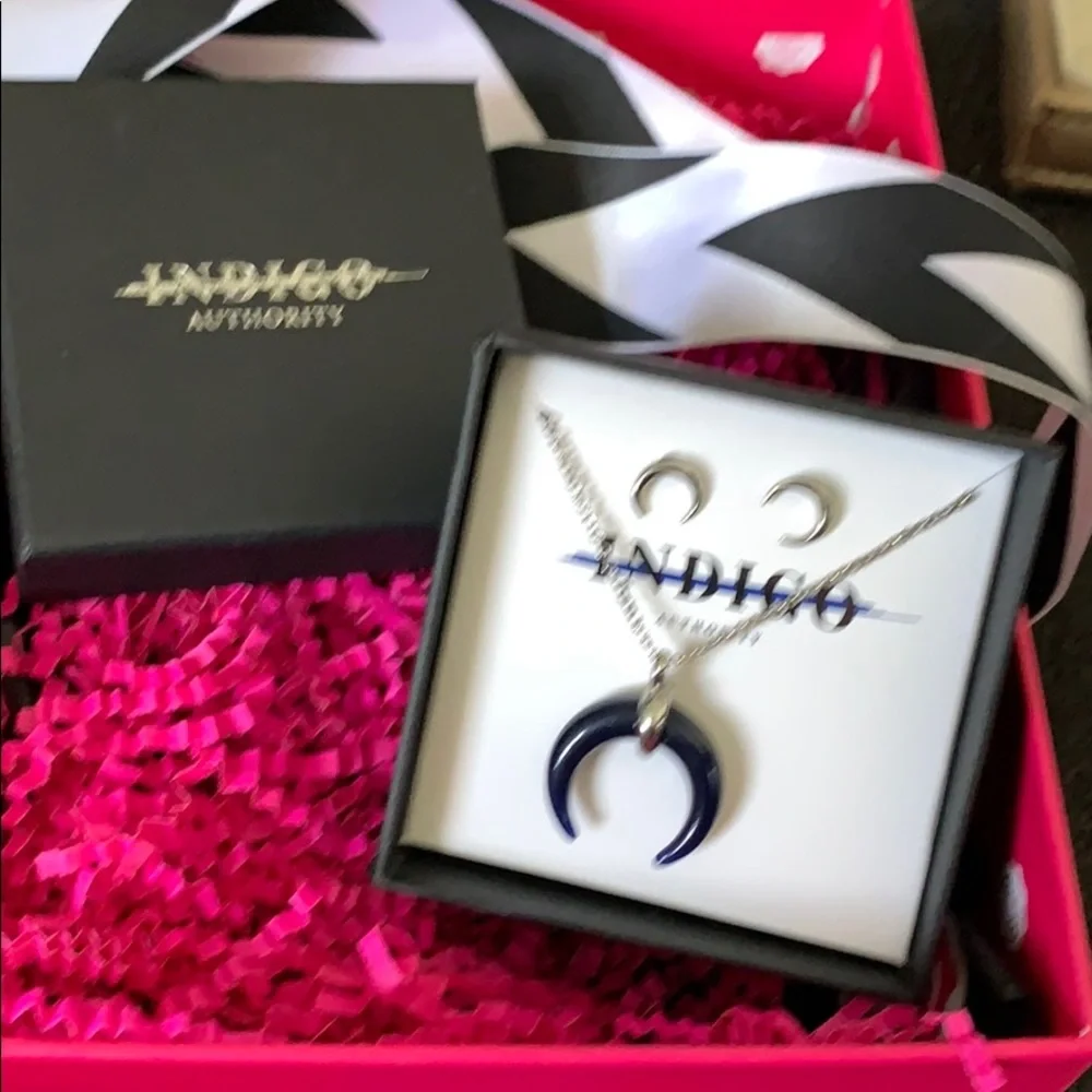 Indigo Authority Crescent Horn Necklace and Pierced Earrings Set